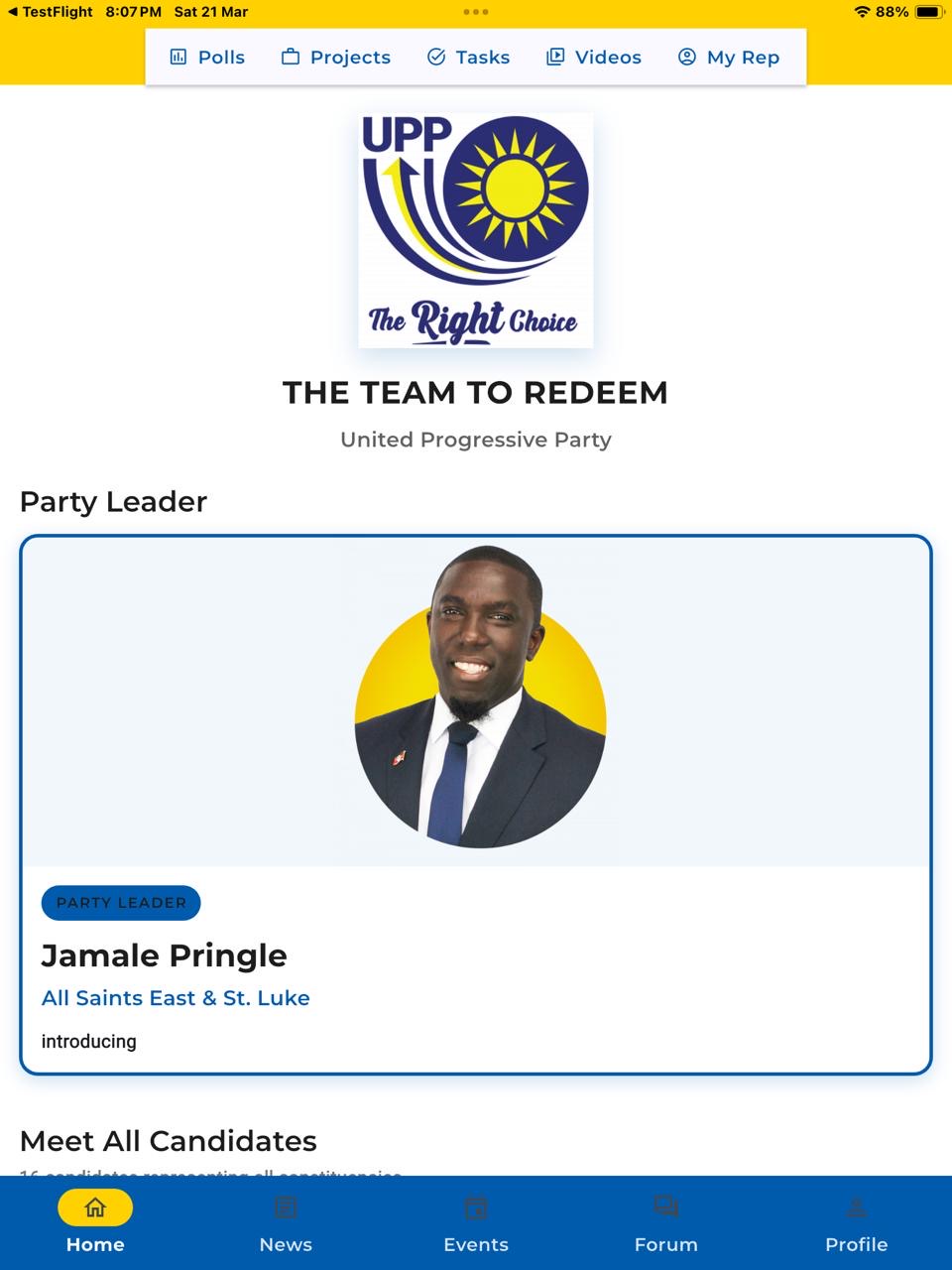 VoteUpp Home screen showing party leadership and candidates