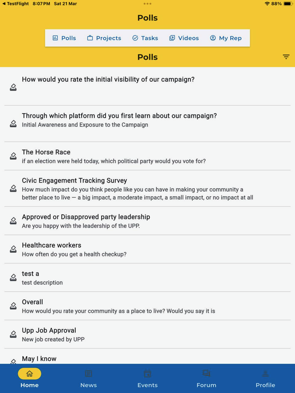 VoteUpp Polls screen showing community surveys