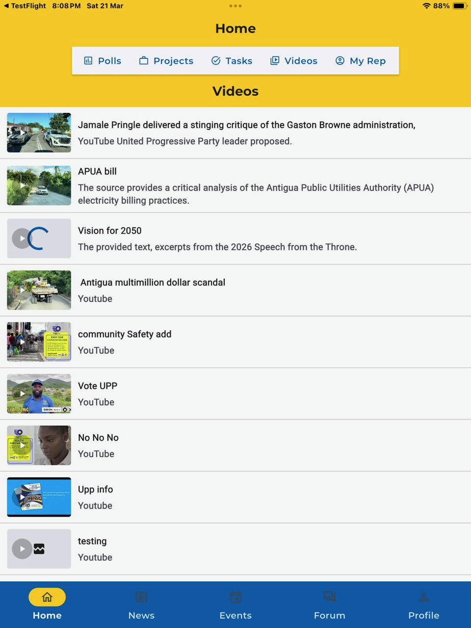 VoteUpp Videos screen with latest party content